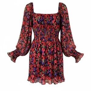 Altar’d State Arula Red Floral Pleated Dress Long Sleeve Cottage Core  Size A